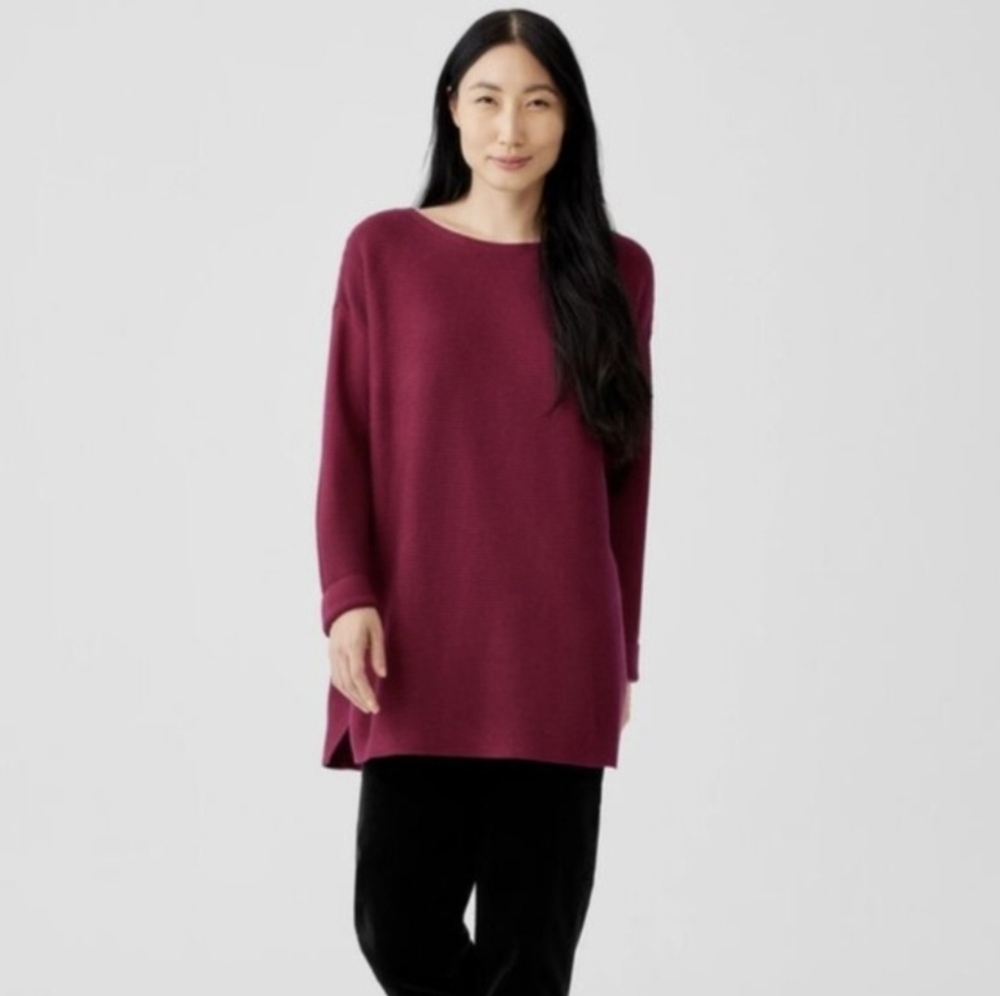 Eileen Fisher Silk Cashmere Bateau Neck Knit Sweater Hibiscus Pink Large EUC